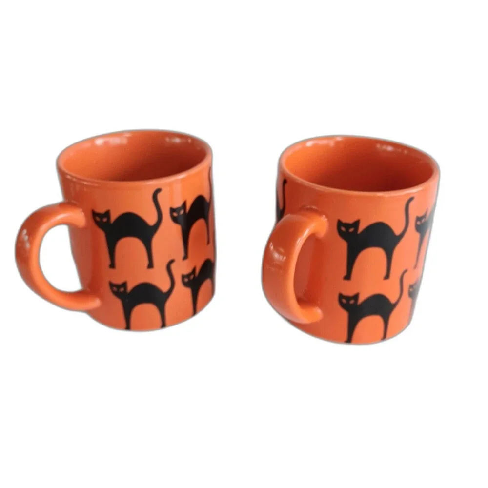 CRATE and BARREL Scaredy Cat Back Cat Small Coffee Mugs Orange Black Purple 7 oz